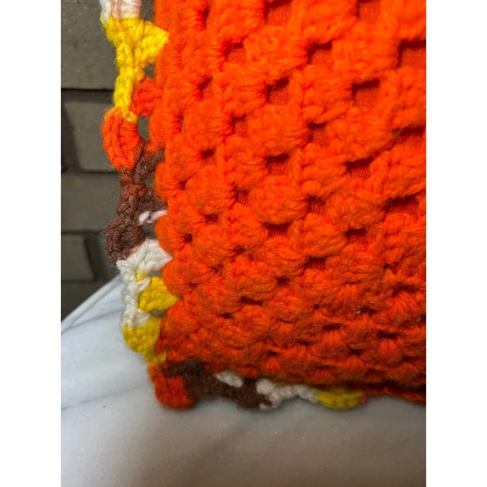 Vintage Handmade Crochet Granny Square Throw Pillow Orange Retro 70s Boho Decor